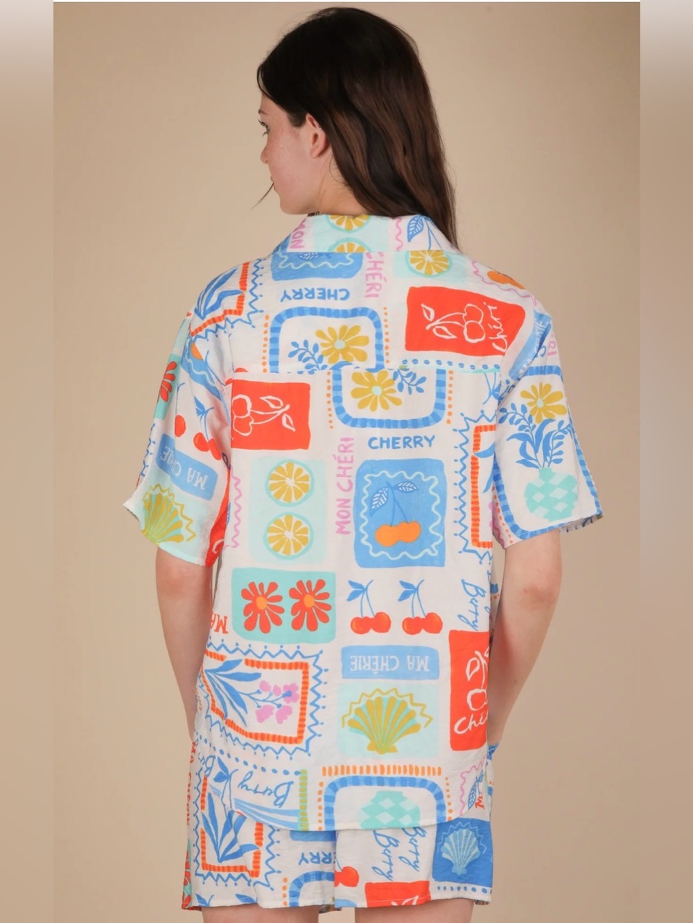 A635. Ma Chérie Postcard Summer Lounge Button Down Shirt & Short Set - Picture 2 of 4